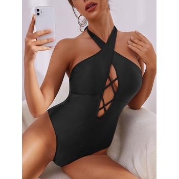 ZAFUL Halter Criss Cross One-piece Swimsuit L Black