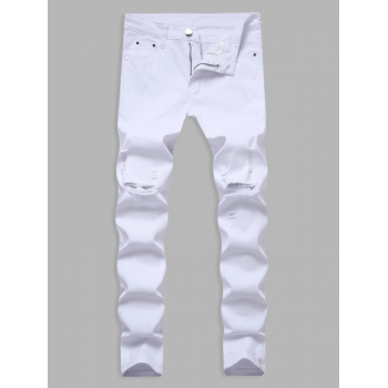 ZAFUL Men's Solid Color Frayed Ripped Zipper Fly Jeans 40 White