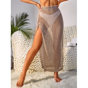 Women Beach Thigh Slit Lace Up Crochet Knit Cover Up Skirt L Light coffee