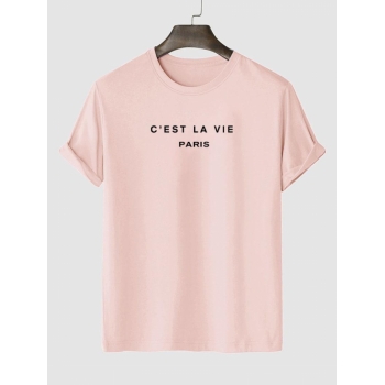 Men's Short Sleeve Crew Neck C'EST LA VIE PARIS Letter Printed Casual Summer T-shirt L Light pink