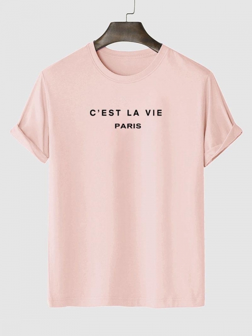 Men's Short Sleeve Crew Neck C'EST LA VIE PARIS Letter Printed Casual Summer T-shirt L Light pink