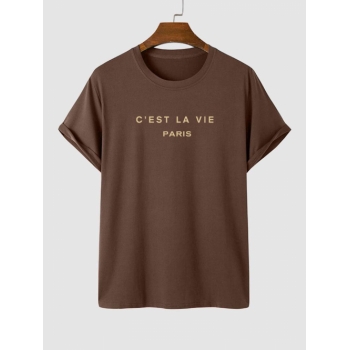 Men's Short Sleeve Crew Neck C'EST LA VIE PARIS Letter Printed Casual Summer T-shirt L Deep coffee