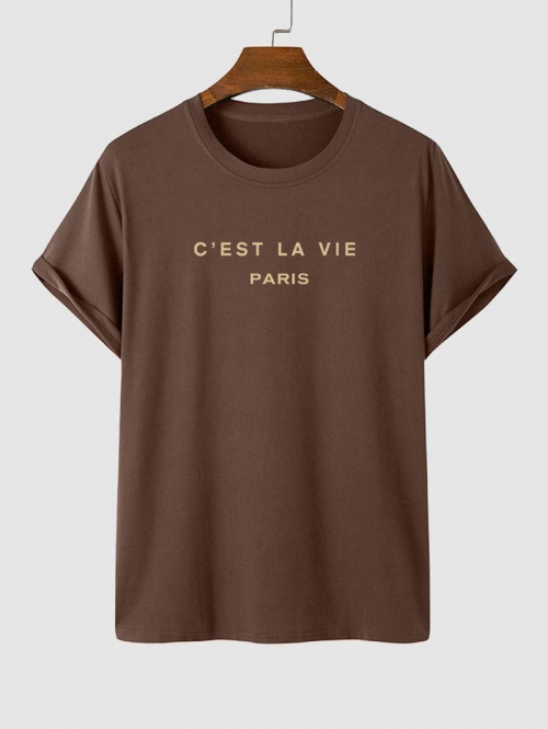 Men's Short Sleeve Crew Neck C'EST LA VIE PARIS Letter Printed Casual Summer T-shirt L Deep coffee