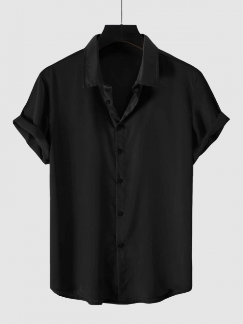 ZAFUL Men's Solid Color Short Sleeves Button Up Party Satin Shirt L Black