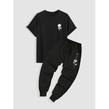 ZAFUL Men's Rose Printed Short Sleeves T-shirt and Drawstring Sweatpants Set Black