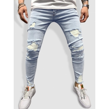 ZAFUL Men's Casual Ripped Frayed Tapered Jeans M Light blue