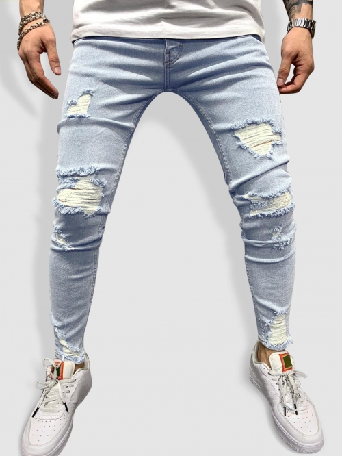 ZAFUL Men's Casual Ripped Frayed Tapered Jeans M Light blue