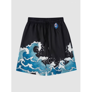 Sea Wave Print Drawstring Casual Beach Shorts Xl Black