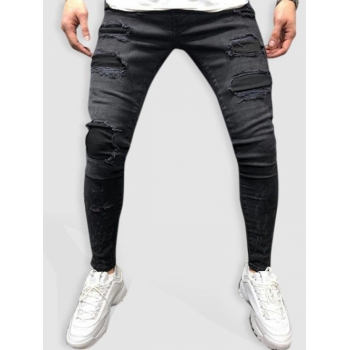 ZAFUL Men's Solid Color Ripped Patch Casual Jeans Xl Black