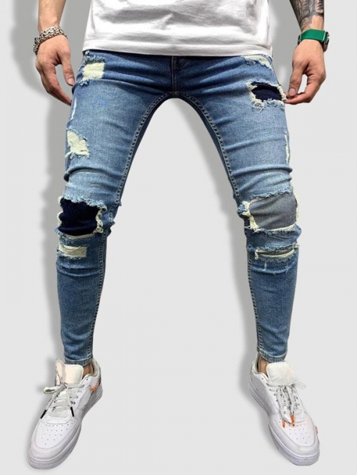 ZAFUL Men's Ripped Patch Zipper Casual Jeans S Deep blue