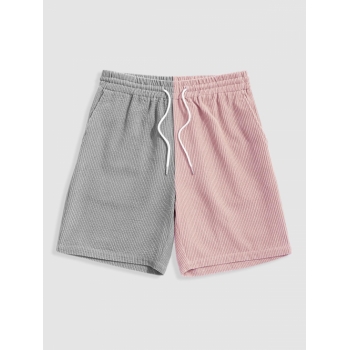 Two Tone Color Drawstring Corduroy Shorts M Light gray