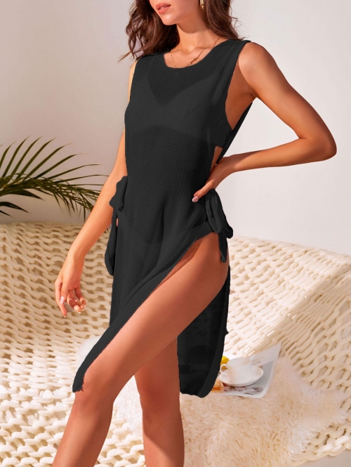 Sheer Breathable Tie Side Cover Up Dress S Black