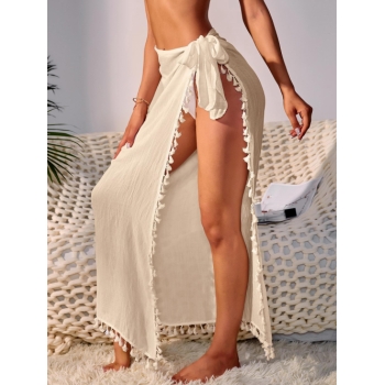 Women Beach Tasseled Trim Tie Side Cover Up Sarong Light coffee