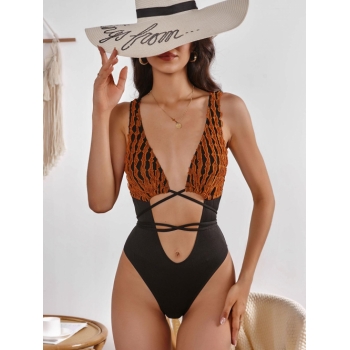 ZAFUL Ribbed Criss Criss Tie-around Frilled One-piece Swimsuit S Dark orange