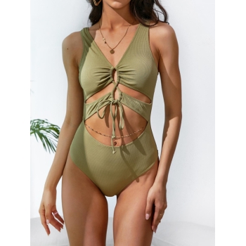 ZAFUL Cut Out Tie Ribbed Plunging Neck Cheeky One-piece Swimsuit L Green