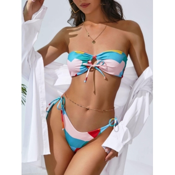 ZAFUL Colorblock Tie Side Ribbed Bandeau Bikini Swimwear M