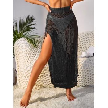 Women Beach Thigh Slit Boho Lace Up Crochet Knit Cover Up Skirt L Black