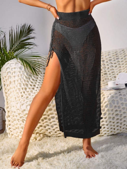 Women Beach Thigh Slit Boho Lace Up Crochet Knit Cover Up Skirt L Black