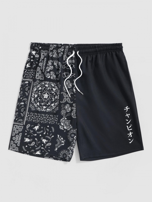 Japanese and Paisley Pattern Drawstring Beach Shorts S Black