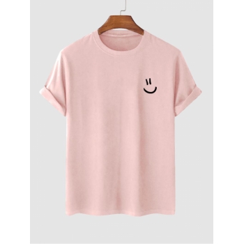 Men's Cartoon Smile Face Printed Basic Short Sleeve Crew Neck 100% Cotton Summer T-shirt L Light pink