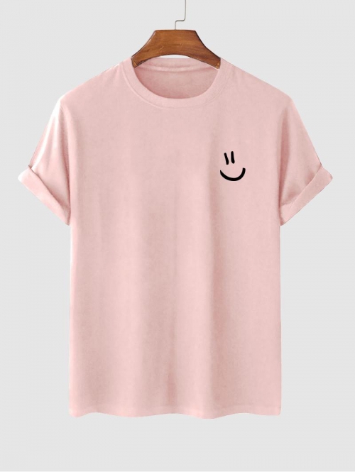 Men's Cartoon Smile Face Printed Basic Short Sleeve Crew Neck 100% Cotton Summer T-shirt L Light pink