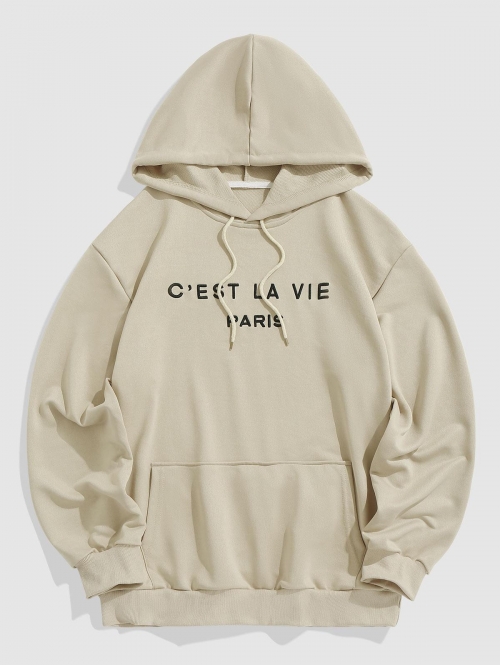 ZAFUL Men's Letter C'EST LA VIE PARIS Embroidery Essentials Hoodie L Light coffee