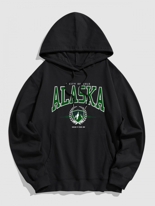 ZAFUL Men's ALASKA Letter Printed Kangaroo Pocket Hoodie Xl Black