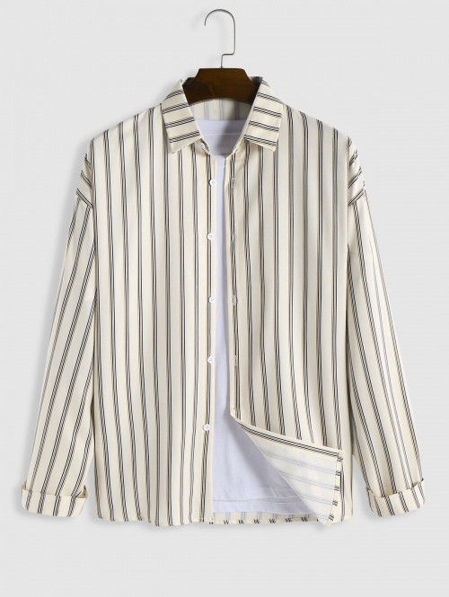 ZAFUL Men's Vertical Stripe Pattern Button Front Long Sleeve Shirt L Light coffee