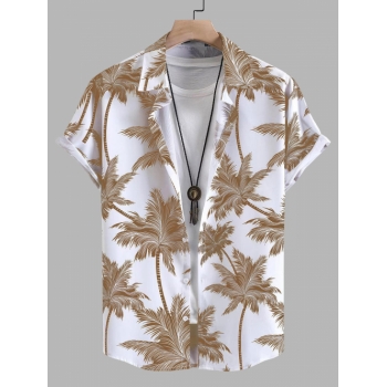 ZAFUL Men's Men's Tropical Coconut Tree Print Hawaiian Summer Casual Beach Vacation Button Short Sleeve Shirt L Light coffee