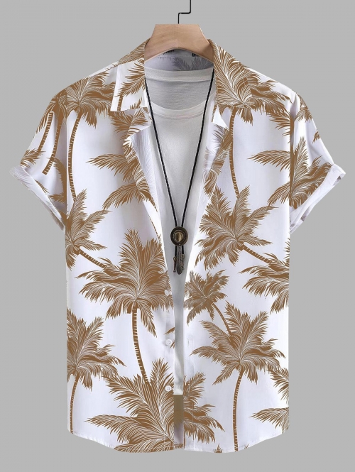 ZAFUL Men's Men's Tropical Coconut Tree Print Hawaiian Summer Casual Beach Vacation Button Short Sleeve Shirt L Light coffee