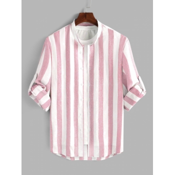 ZAFUL Men's ZAFUL Slub Cotton Roll Up Long Sleeves Vertical Striped Shirt Xxl Light pink