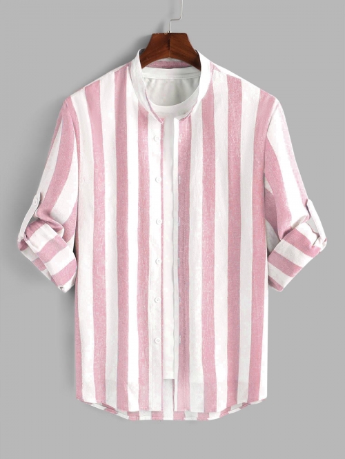 ZAFUL Men's ZAFUL Slub Cotton Roll Up Long Sleeves Vertical Striped Shirt Xxl Light pink