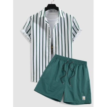 ZAFUL Men's Button Up Striped Shirt and Label Design Drawstring Shorts Set Green