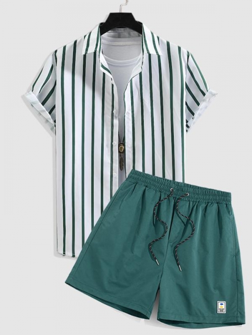 ZAFUL Men's Button Up Striped Shirt and Label Design Drawstring Shorts Set Green