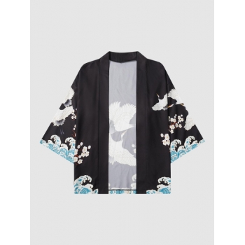 ZAFUL Men's Sea Waves and Flower Print Chinese Style Loose Kimono L Black