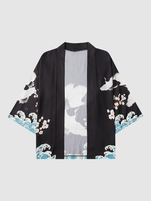 ZAFUL Men's Sea Waves and Flower Print Chinese Style Loose Kimono L Black