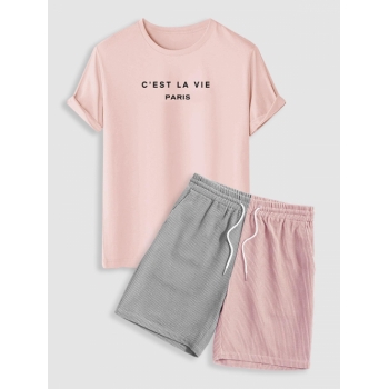 ZAFUL Men's C'EST LA VIE PARIS Casual T-shirt With Half And Half Corduroy Shorts Two Piece Set Light pink