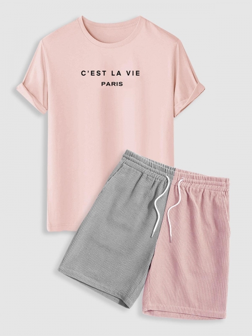 ZAFUL Men's C'EST LA VIE PARIS Casual T-shirt With Half And Half Corduroy Shorts Two Piece Set Light pink