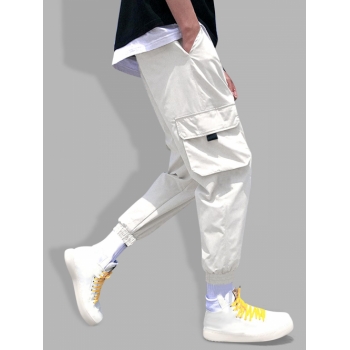 ZAFUL Men's Multi Pockets Solid Color Drawstring Jogger Cargo Pants Xl White