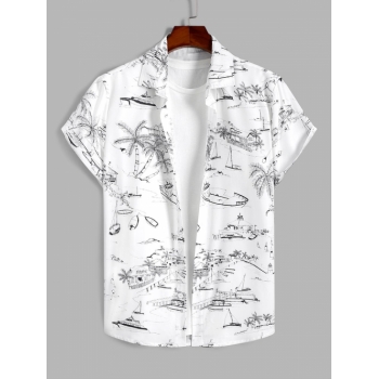 ZAFUL Men's ZAFUL Sketch Coconut Tree Printed Vacation Shirt Xl White