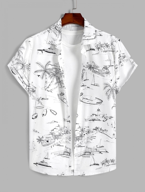 ZAFUL Men's ZAFUL Sketch Coconut Tree Printed Vacation Shirt Xl White