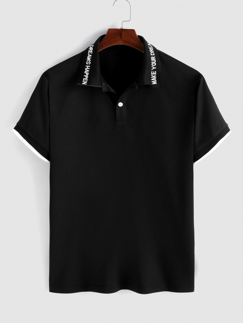 ZAFUL Button Contrast Cuff Letter Collared Polo Top L Black