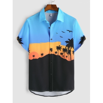 ZAFUL Men's ZAFUL Coconut Tree Print Short Sleeves Button Beach Shirt Xl Blue