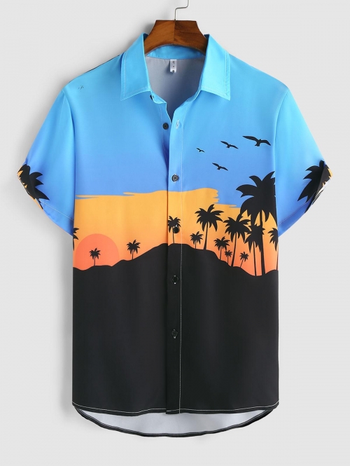 ZAFUL Men's ZAFUL Coconut Tree Print Short Sleeves Button Beach Shirt Xl Blue