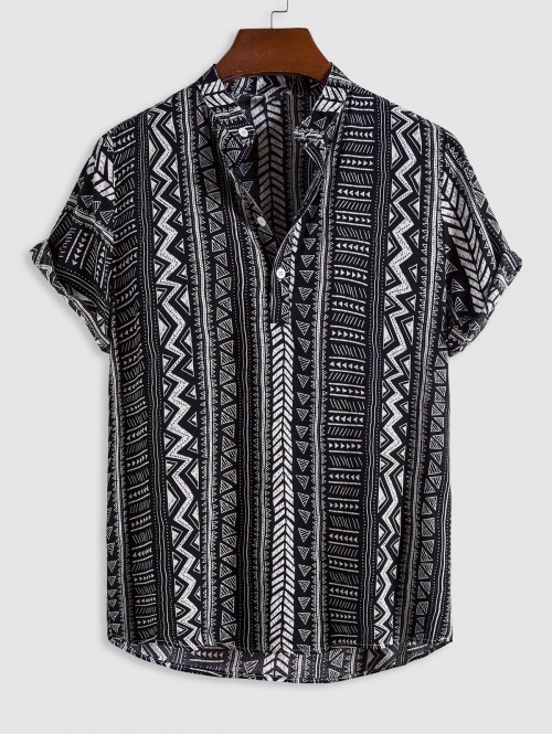 ZAFUL Men's Ethnic Style Geometric Pattern Half Button Shirt Xxl Black