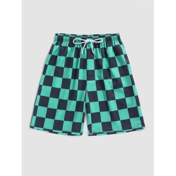 Gingham Pocket Drawstring Shorts S Greenish blue