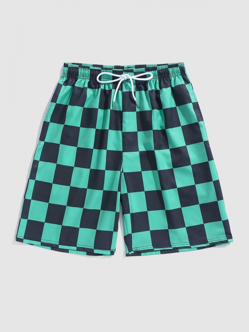 Gingham Pocket Drawstring Shorts S Greenish blue