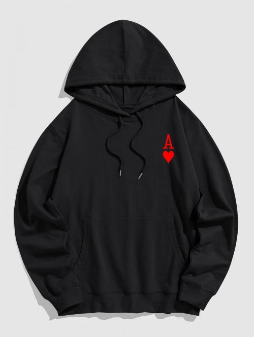 ZAFUL Men's The Ace of Hearts Playing Card Print Streetwear Pullover Hoodie S Black