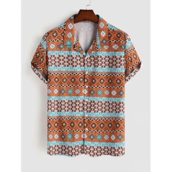 ZAFUL Men's Rhombus Tribal Print Ethnic Aztec Printed Button Front Shirt M Chocolate