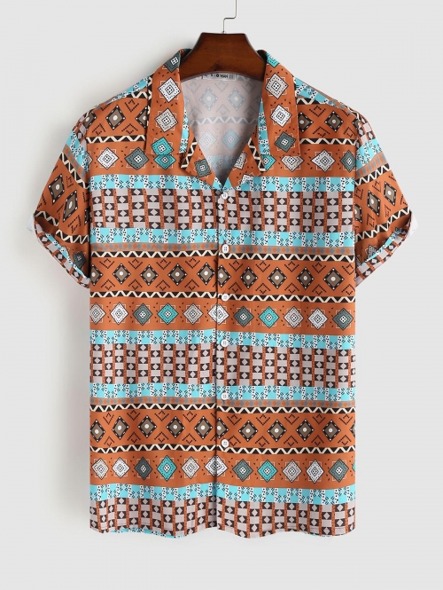 ZAFUL Men's Rhombus Tribal Print Ethnic Aztec Printed Button Front Shirt M Chocolate